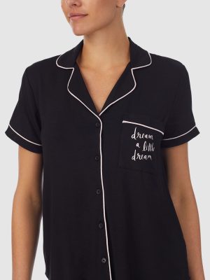 Kate Spade Modal Jersey Button Up Short Sleeve Long Pyjama Set in Black