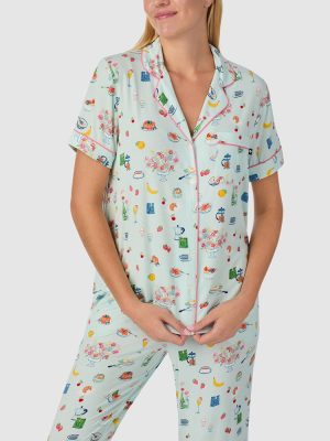 Kate Spade Printed Modal Button Up Short Sleeve Long Pyjama Set (Breakfast in Bed))