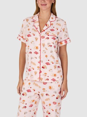 Kate Spade Printed Modal Button Up Short Sleeve Long Pyjama Set (Coffee & Croissants)