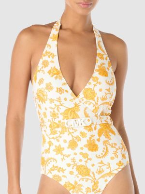 Michael Kors Riviera Blooms Halter One-Piece Swimsuit With Belt in Yellow print