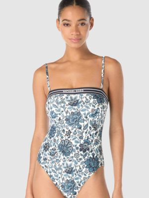 Michael Kors Provincial Fleur Logo Elastic Underwired Bandeau Swimsuit in Navy