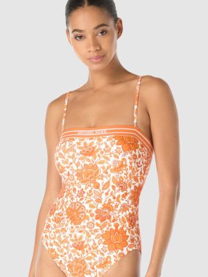 Michael Kors Provincial Fleur Logo Elastic Underwired Bandeau Swimsuit in Orange