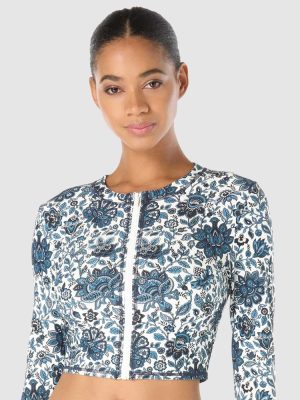 Michael Kors Provincial Fleur Cropped Zip Front Long Sleeve Rash Top in Navy