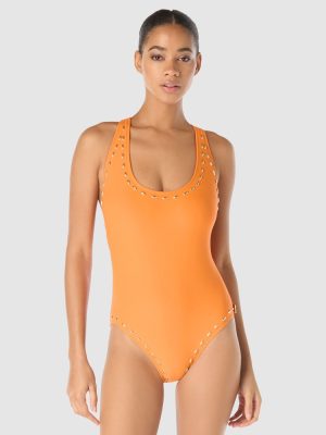 Michael Kors Gold Studded Padded Cup One-Piece Racerback Swimsuit in Orange