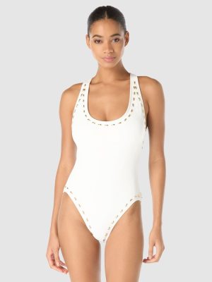 Michael Kors Gold Studded Padded Cup One-Piece Racerback Swimsuit in White