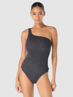 Michael Kors Lurex Crochet Padded Cup One Shoulder Swimsuit in New Navy