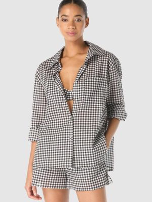 Michael Kors Boho Gingham Cotton Long-Sleeve Beach Shirt Cover Up in Black/white
