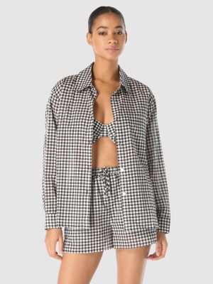 Michael Kors Boho Gingham Cotton Drawstring Beach Shorts with Pockets in Black/white