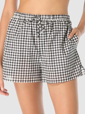 Michael Kors Boho Gingham Cotton Drawstring Beach Shorts with Pockets in Black/white