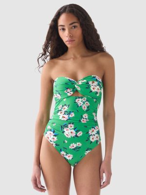 Kate Spade Spring Daisies Twist Top Removable Strap Bandeau Swimsuit in Parrot Green print