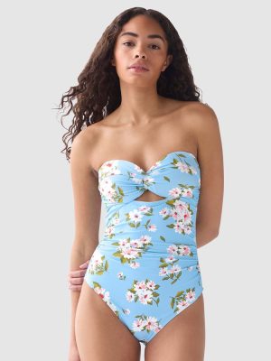 Kate Spade Spring Daisies Twist Top Removable Strap Bandeau Swimsuit in Pristine Pool