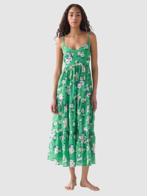 Kate Spade Spring Daisies Tiered Midi Tie-Back Cotton Beach Dress & Cover-Up in Parrot Green print