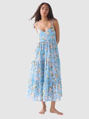 Kate Spade Spring Daisies Tiered Midi Tie-Back Cotton Beach Dress & Cover-Up in Pristine Pool print