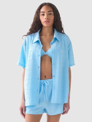 Kate Spade Seersucker Short Sleeve Beach Shirt Cover-Up in Pristine Pool