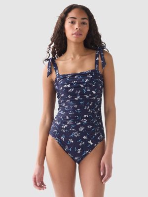 Kate Spade Sketched Blooms Print Shirred Square Neck Swimsuit in Planetary Blue
