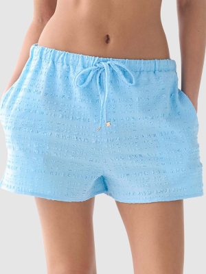 Kate Spade Seersucker Drawstring Waist Beach Shorts in Pristine Pool