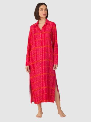 DKNY Woven Viscose Midi Long-Sleeve Button Up Nightgown in Azalea Logo Plaid