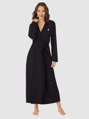 DKNY Cotton & Viscose Jersey Dressing Gown Lounge Robe 132cm in Black