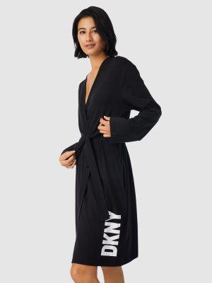 DKNY Cotton & Viscose Jersey Short Dressing Gown Lounge Robe in Black