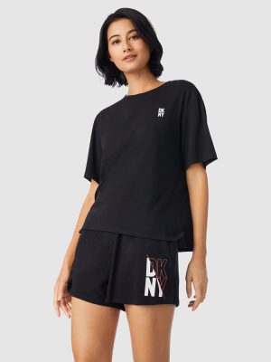 DKNY Cotton Jersey Short Sleeve Top & Boxer Short Pyjama Set in Black