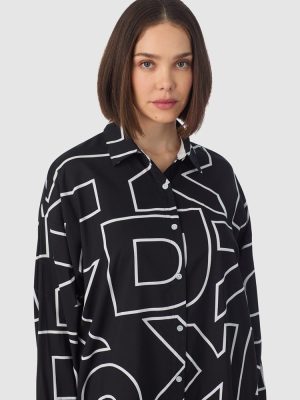 DKNY Cotton & Viscose Long Sleeve Short Button-Up Nightgown Black print