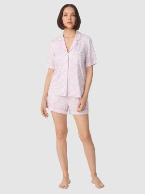 DKNY Logo Print Viscose Jersey Short Sleeve Button Up Short Pyjama Set in Mauve Logo print