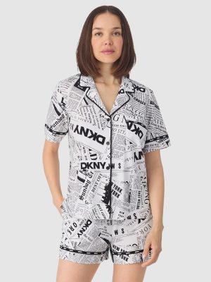 DKNY Cotton Jersey Short Sleeve Button-Up Short Pyjama Set in White Newspaper print