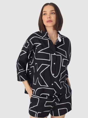 DKNY Woven Cotton & Viscose Button Up Short Pyjama Set Black print