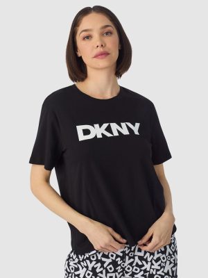 DKNY Logo Print Cotton Jersey Short Sleeve T-Shirt & Pant Pyjama Set Black Tossed letters