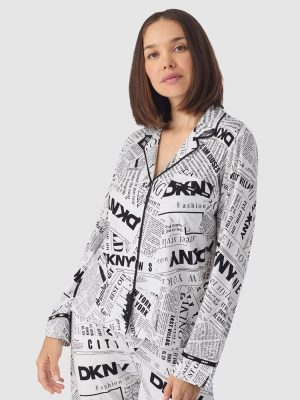 DKNY Logo Print Cotton Jersey Button Up Long Sleeve Long Pyjama Set White Newspaper print