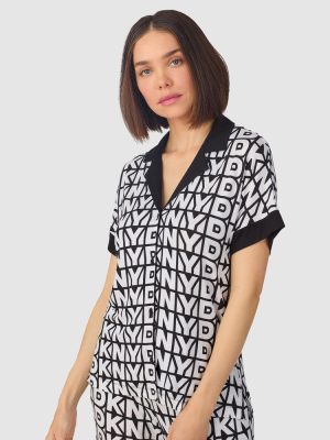 DKNY Logo Print Viscose Jersey Button Up Short Sleeve Long Pyjama Set Black Logo