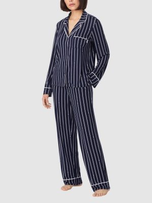DKNY Viscose Jersey Button-Up Long Sleeve Long Pyjama Set Evening Blue logo stripe