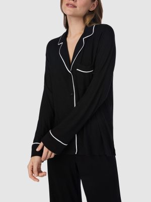 DKNY Viscose Jersey Long Sleeve Button-Up Long Pyjama Set in Black