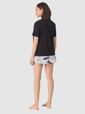 DKNY Cotton Jersey Short Sleeve T-Shirt & Boxer Short Pyjama Set in White Newspaper print