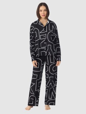 DKNY Cotton & Viscose Button Up Long Sleeve Long Pyjama Set Black print