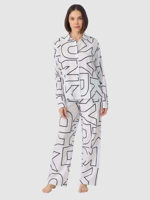 DKNY Cotton & Viscose Button Up Long Sleeve Long Pyjama Set White print